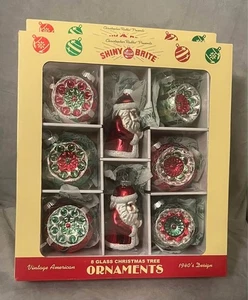 Ornamenti Natalizi Vetro Brite Lucido Babbo Natale e Rientro Rosso Verde Argento Set di 8 - Foto 1 di 2