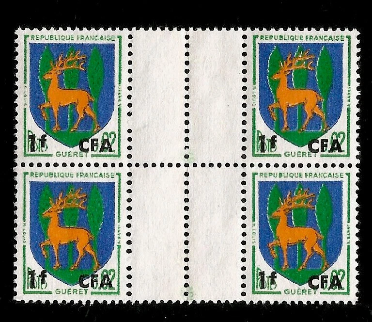 Deer Guéret France Center Margin Block of 4 Overprinted  French Reunion Island - Image 1 of 1