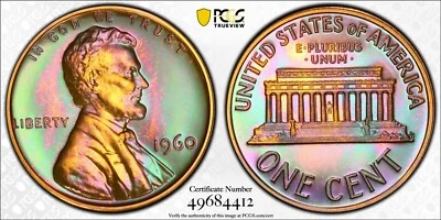 1960 Lincoln Memorial Cent PR67 RB Large Date PCGS GRADED Monster Rainbow Toning - Image 1 of 4