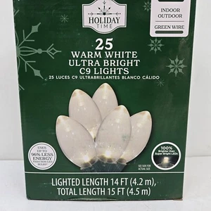 Holiday Time - 25 C9 Warm White LED Ultra Bright Lights Green Wire Christmas - Picture 1 of 7