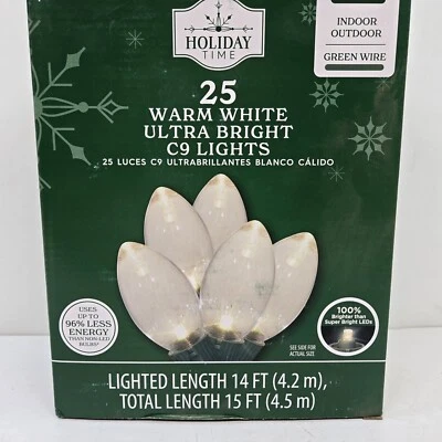 Holiday Time - 25 C9 Warm White LED Ultra Bright Lights Green Wire Christmas - Image 1 of 4