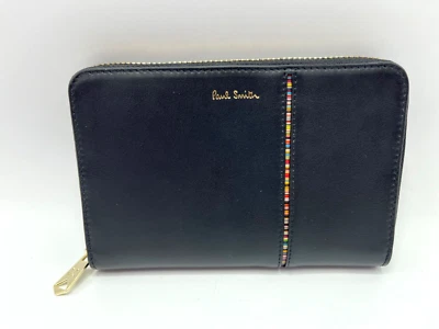 CARTERA PAUL SMITH Signature Rayas Remolino Cremallera Alrededor Cuero Negro Foto 1 de 4