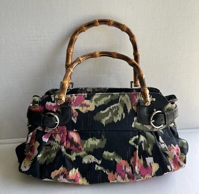 Talbots 黑色带花卉挂毯手拿包 带竹柄和银色装饰 — 第 1/4 张图片