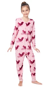 Justice Girls Blanket Sleeper Pajamas Pink 7/8 Fleece Snap Front Skiing Squirrel - Picture 1 of 11