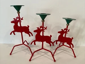 Set of (3) Vintage Reindeer Metal Taper Candle Holders Red/Green 9”, 8”, 7” - Picture 1 of 6