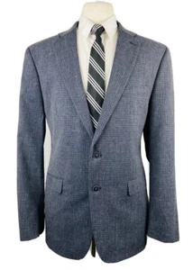CALVIN KLEIN Mens 44R Blue Check Soft Wool Linen Blazer Sport Coat Suit Jacket - Picture 1 of 8