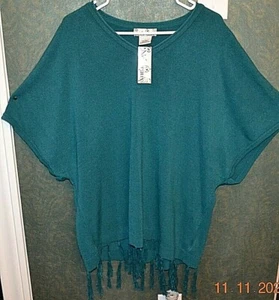 NOUVEAUX- TEAL TUNIC SWEATER WITH FRINGES- SZ L- NWT - Picture 1 of 4