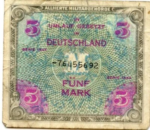 Moneda militar aliada Segunda Guerra Mundial Alemania 5 marcos 1944 emisión número de serie 8 - Imagen 1 de 2