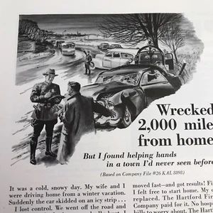 Hartford Accident & Indemnity Co Vtg 1954 Print Ad Wrecked 2,000 Miles From Home - Picture 1 of 3