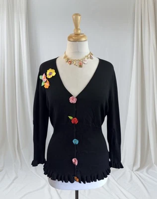Черный цветочный вышитый кардиган свитер богемное коттеджкор бабушка хиппи размер XL - Изображение 1 из 4