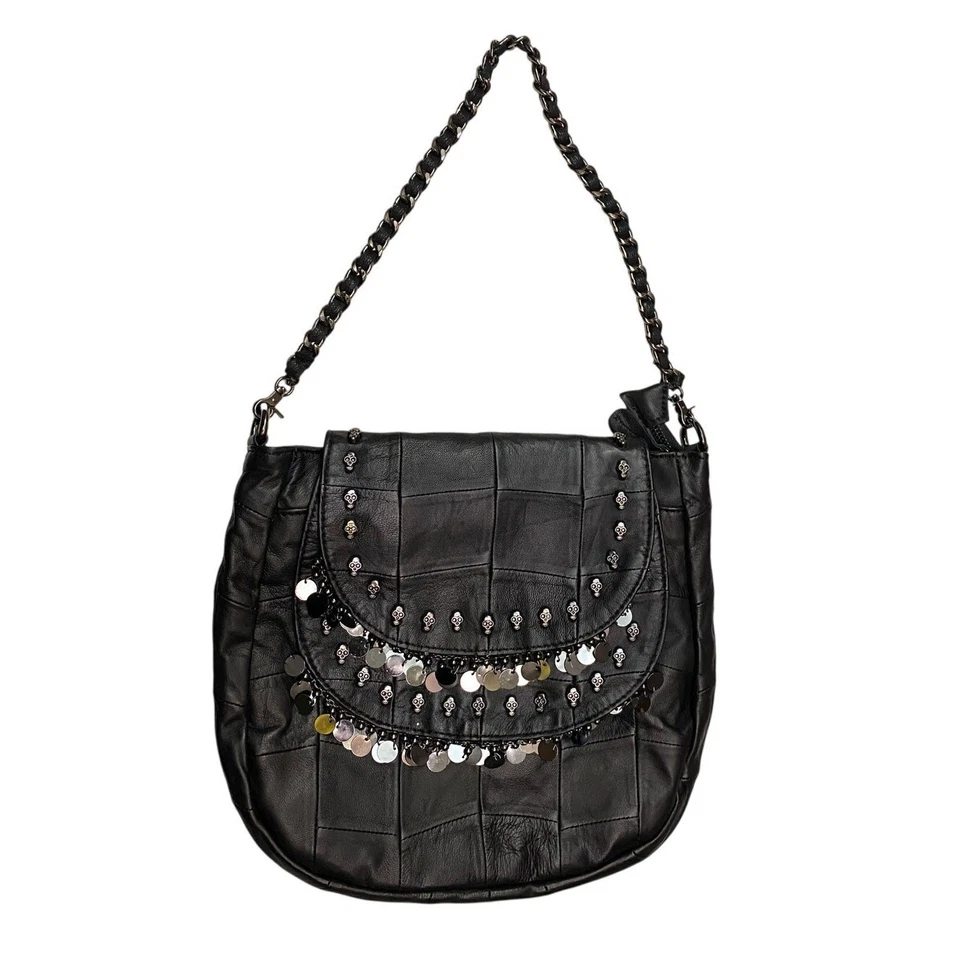 Black Leather Skull Shoulder Bag with Beaded Fringe Detail Boho Style  - Image 1 of 4