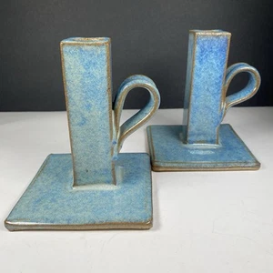 Pair of Michael Cohen Studio Pottery Blue Ceramic Candle Stick Holders - Picture 1 of 10