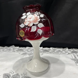 VTG Westmoreland Ruby Glass Shade White Base Fairy Lamp - Rose Signed/Dated - Picture 1 of 9