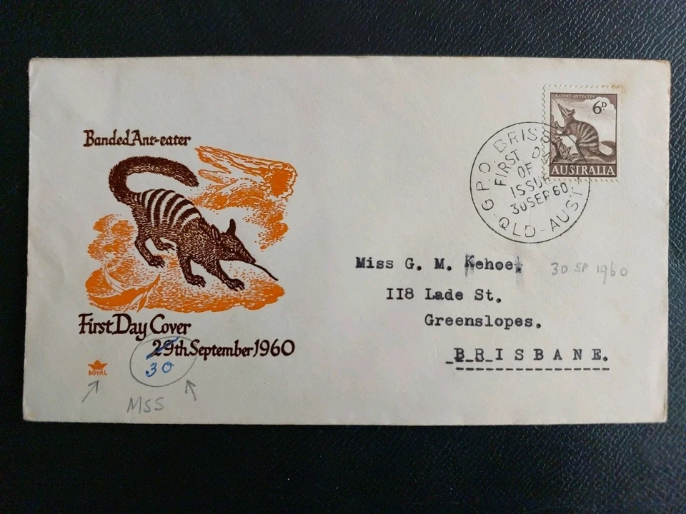 1960 Aust Native 6d Brown Anteater FDC, Royal orange, overtyped date (A13) - image 1 of 1