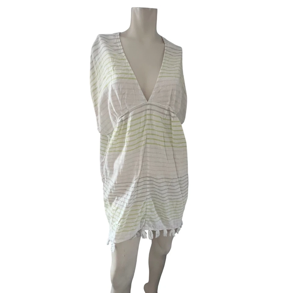 Top túnica encubierta azul marino antigua a rayas cuello en V borla dobladillo playa piscina vacaciones medianas Foto 1 de 4