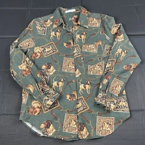 Foxcroft Button Up Shirt Blouse Cotton Blend Green Dog Print Size 10 Old Money - Picture 1 of 13