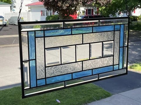 Clear Beveled Stained Glass Window Panel, Blue And Clear Glass Cover