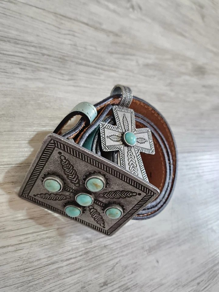 EXTREMADAMENTE RARO Doble D Rancho Suroeste Imitación Turquesa Plata Cruz Talla 28 Foto 1 de 4