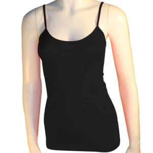 Women's Basic Stretch Camisole Tank Top Spaghetti Strap Long Plain Cami Black - Picture 1 of 1