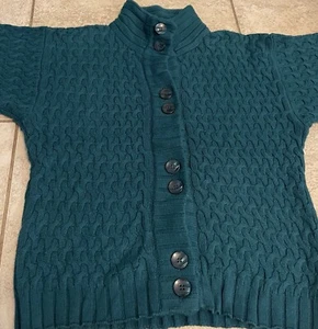 Liz & Co. Jewel Green Button Front Sweater Women Size M Short Sleeve Wide Cable - Picture 1 of 7