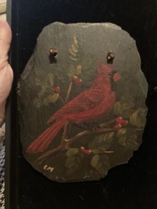 Vintage Signed Hand Painted Cardinal On Holly Bush Branch On Slate 7"x 8.5” - Picture 1 of 5