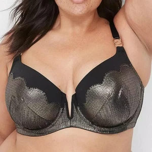 Lane Bryant Cacique Foil Lace Lightly Lined V-Wire Plunge Bra 44DDD *Black* NWT! - Picture 1 of 3