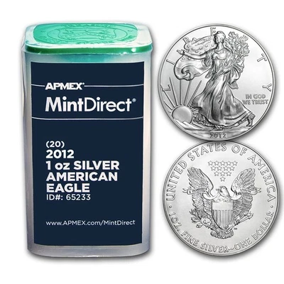 Roll of 20 - 2012 1 oz American Silver Eagle  - BU Coins in US Mint Tube - Image 1 of 4