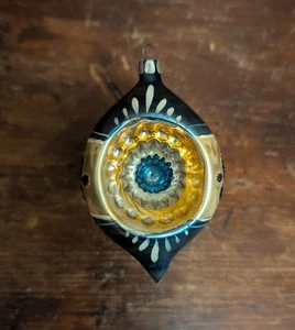 Vtg Christmas Indent Teardrop Mercury Glass Painted Ornament Floral Poland 4" - Picture 1 of 8