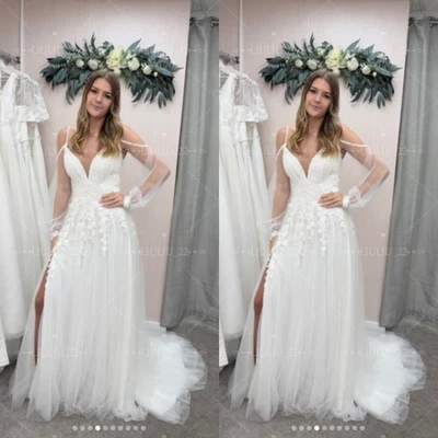 Boho Wedding Dresses With High Split Side Off Shoulder Long Sleeve Bridal Gowns - Image 1 of 4