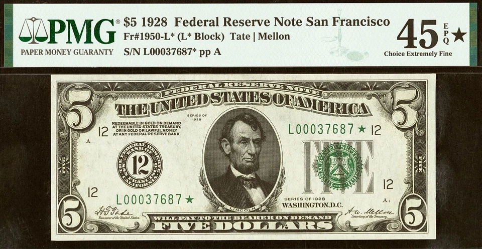 1928 $5 FRN PMG 45EPQ - 2nd Highest Graded San Francisco Star Fr 1950-L* - Image 1 of 3