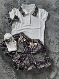 SCHOOL UNIFORM 2-14 YEARS SHORTS POLO SHIRT SOCKS BOW PURPLE GREY CHECK - Picture 1 of 2