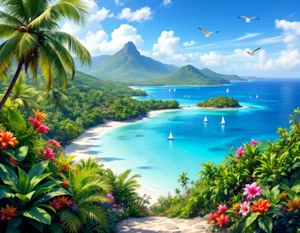 Tropical Beach and Turquoise Water, Palm Trees and Sailboats Poster 18 x 24 in - Picture 1 of 2