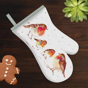 Winter Rotkehlchen einzelner Baumwoll-Ofenhandschuh - schönes Rotkehlchen bedrucktes Design - Bild 1 von 6