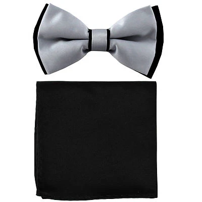New Men's Two Layer Tones Pre-tied Bow Tie and Hankie Set Silver Black wedding - Image 1 of 4