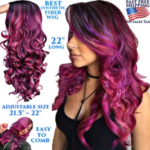 LONG COLORFUL CURLY WAVY WIG WOMEN BEST SEXY SYNTHETIC PINK PURPLE GRADIENT 22" - Picture 1 of 12