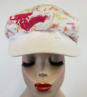APPLE BOTTOMS SCRIPT NEWSBOY CAPITANES SOMBRERO GORRA ESTAMPADO POR TODAS PARTES BLANCO OSFA VINTAGE Foto 1 de 4
