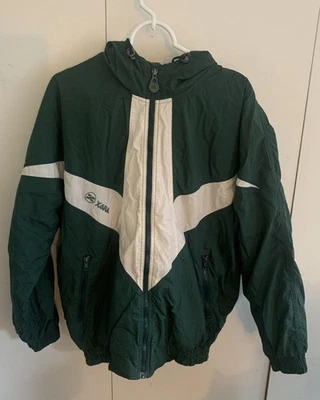 Chaqueta cortavientos vintage Xara para hombre mediana verde blanca con capucha nailon años 90 retro Foto 1 de 4