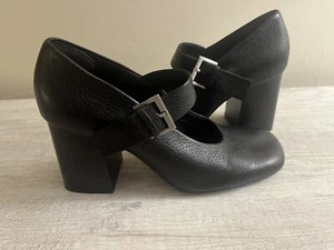 Zara Black Leather Heel Shoe Front Strap W/Buckle Square Toe Size 40 - Picture 1 of 4