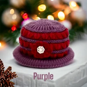 Winter Fall Autumn Knit Cap Rolled Bucket Insulated Purple & Red Bling Flower - Picture 1 of 9