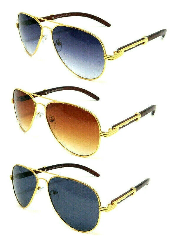 RANGER LUXURY AVIATOR SUNGLASSES METAL FAUX WOOD PRINT FRAME CLASSIC HIP HOP VTG - Image 1 of 1