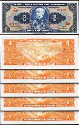 Brazil 2 Cruzeiros 1954 1958, UNC, 5 Pcs LOT, Consecutive, P-151 b, Sign 6 - Image 1 of 4