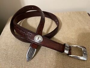 Vintage PGA Tour Belt 42 Brown Woven Leather Concho Western Silver Buckle 1998