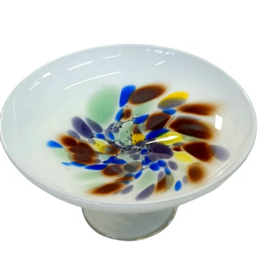 Vintage Bunte Glasschale Sockelschüssel 19 cm ⌀ Abstraktes Design Dekoteller - Bild 1 von 4