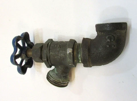 Primitive Old 1950's Plumbing Blue Handled Brass Garden Hose House Valve w Elbow Cover