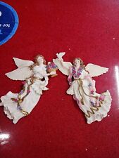 Vintage Chalkware Heavenly Angels Floral Sculpture Wall Plaque Set Of 2 G5