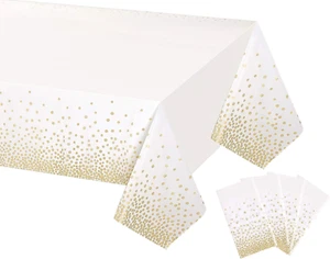 4 Pack White & Gold Dot Plastic Tablecloth for Rectangle Tables(54" X 108"), Dis - Picture 1 of 12