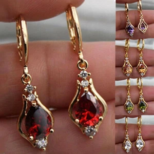 CZ Earrings 6 Colors 18k Yellow Gold Plated Drop Earrings for Women A Pair/set - Picture 1 of 18