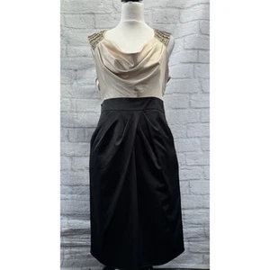 Star Cocktail Pencil Dress Satin Cream Beige & Black Size 14 Beaded Draped Neck - Picture 1 of 14