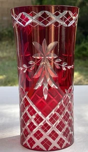 Bohemian Czech Crystal cut glass Hurricane lamp Shade Chimney Ruby Red Clear 7" - Picture 1 of 21