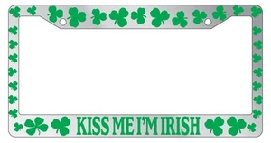 Chrome License Plate Frame Shamrocks Kiss Me I'm Irish Green Auto Accessory - Picture 1 of 1